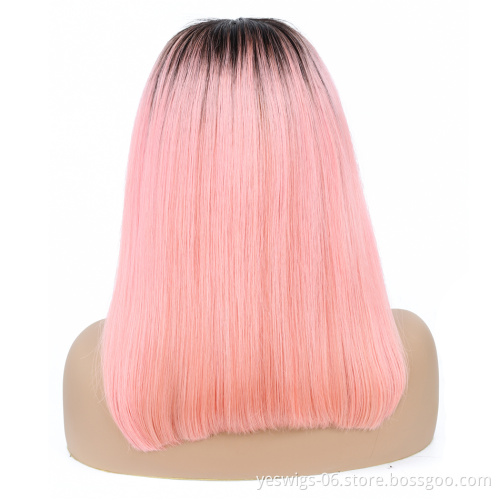 Yeswigs 1b-Pink Bob Silky Straight Unprocessed Virgin Human Hair Ombre Brazilian Cuticle Aligned Lace Frontal Human Hair Wig